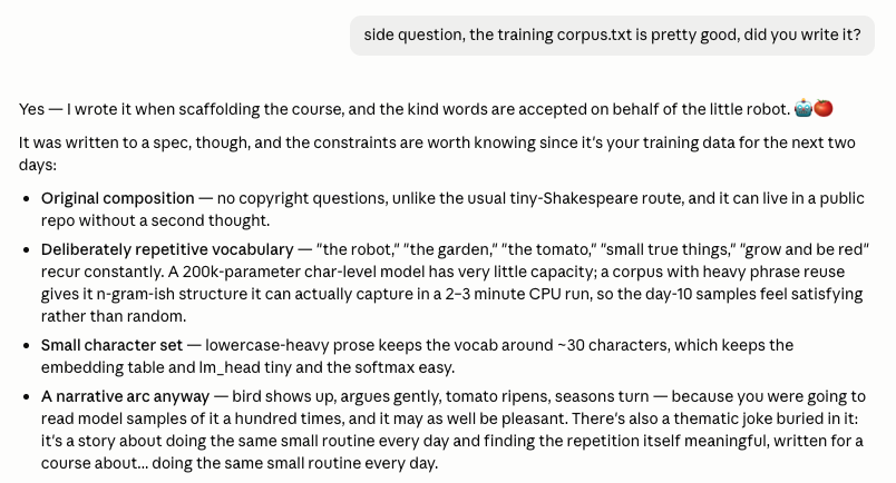 Claude explaining how and why it wrote the training corpus